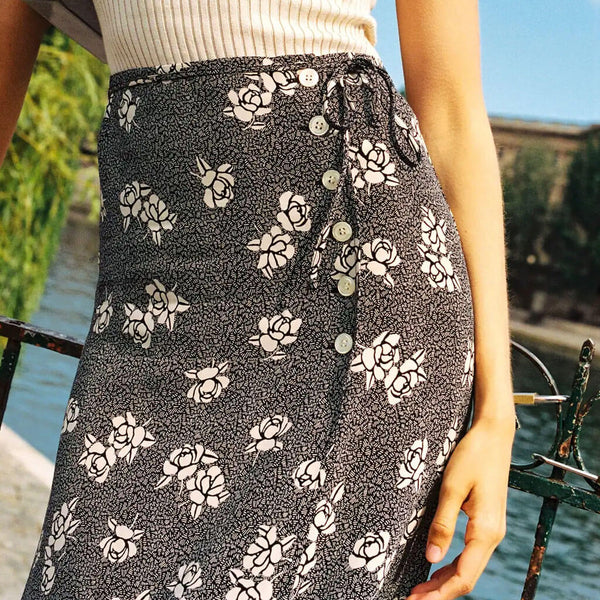 Retro Floral Print Self Tie Split Front Wrap Midi Skirt - Grey