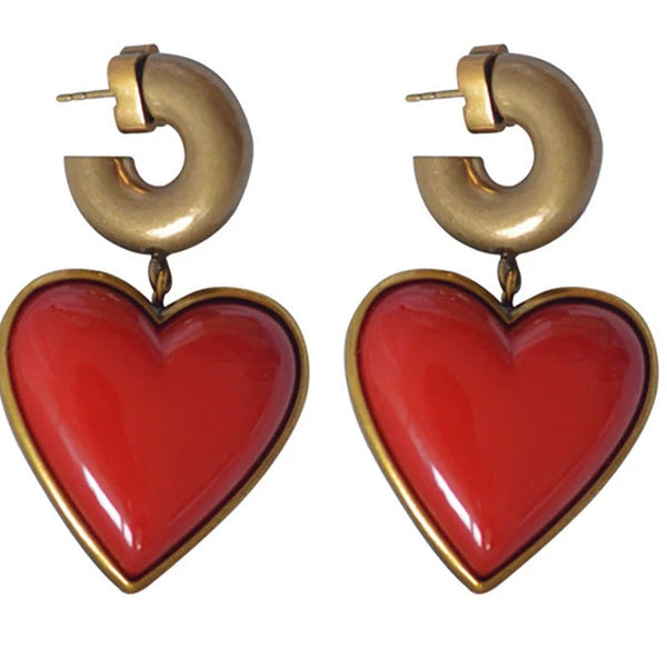 Retro Gold Vermeil Sweetheart Drop Earrings - Red