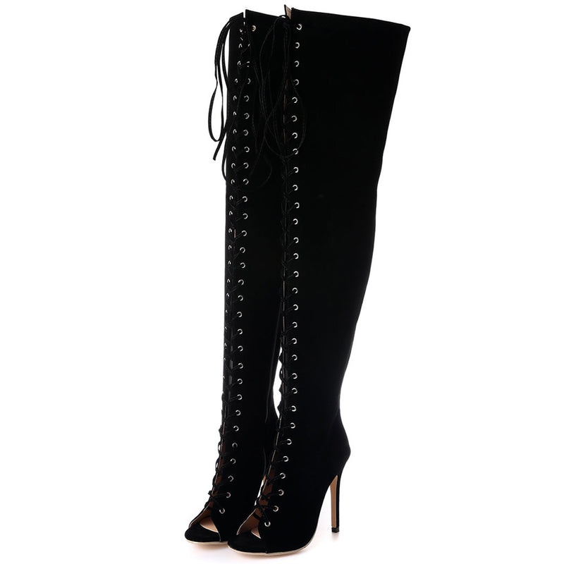 Retro Lace Up Peep Toe Over-Knee Suede Stiletto Boots - Black