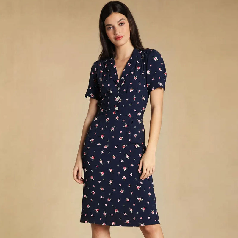 Retro Lapel Rose Print Tie Waist Puff Sleeve Midi Shirt Dress - Navy Blue