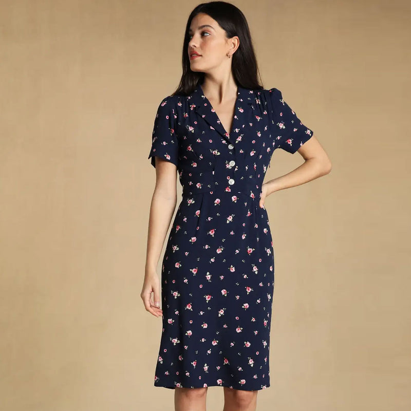 Retro Lapel Rose Print Tie Waist Puff Sleeve Midi Shirt Dress - Navy Blue