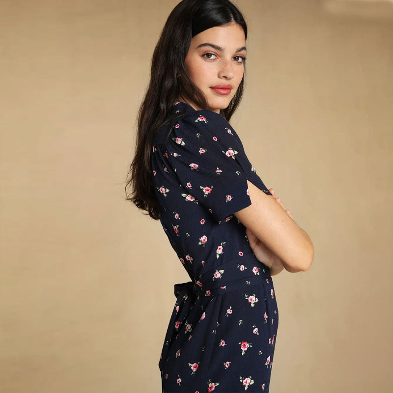 Retro Lapel Rose Print Tie Waist Puff Sleeve Midi Shirt Dress - Navy Blue