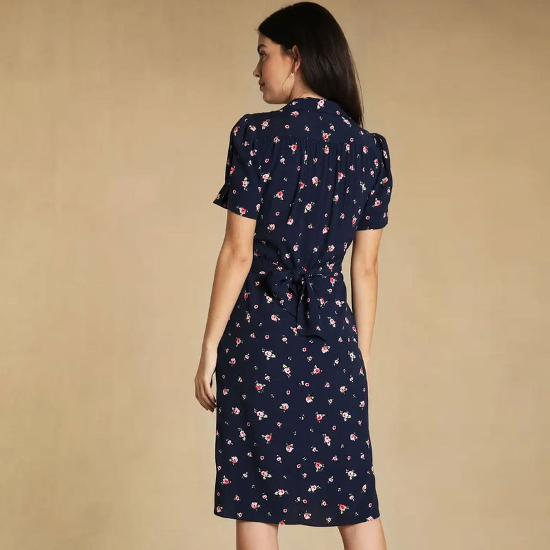 Retro Lapel Rose Print Tie Waist Puff Sleeve Midi Shirt Dress - Navy Blue