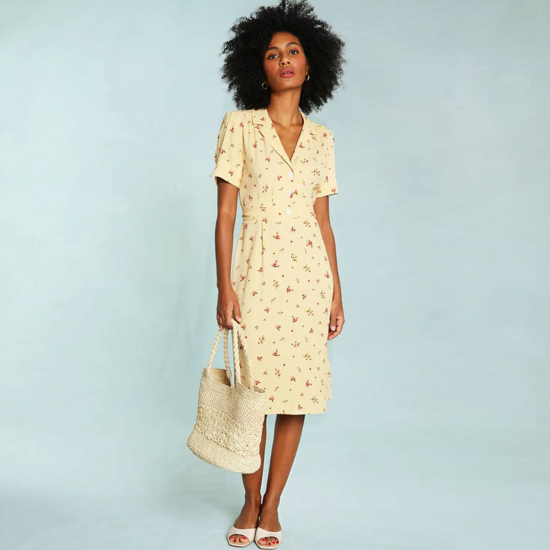 Retro Lapel Rose Print Tie Waist Puff Sleeve Midi Shirt Dress - Yellow