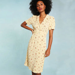 Retro Lapel Rose Print Tie Waist Puff Sleeve Midi Shirt Dress - Yellow