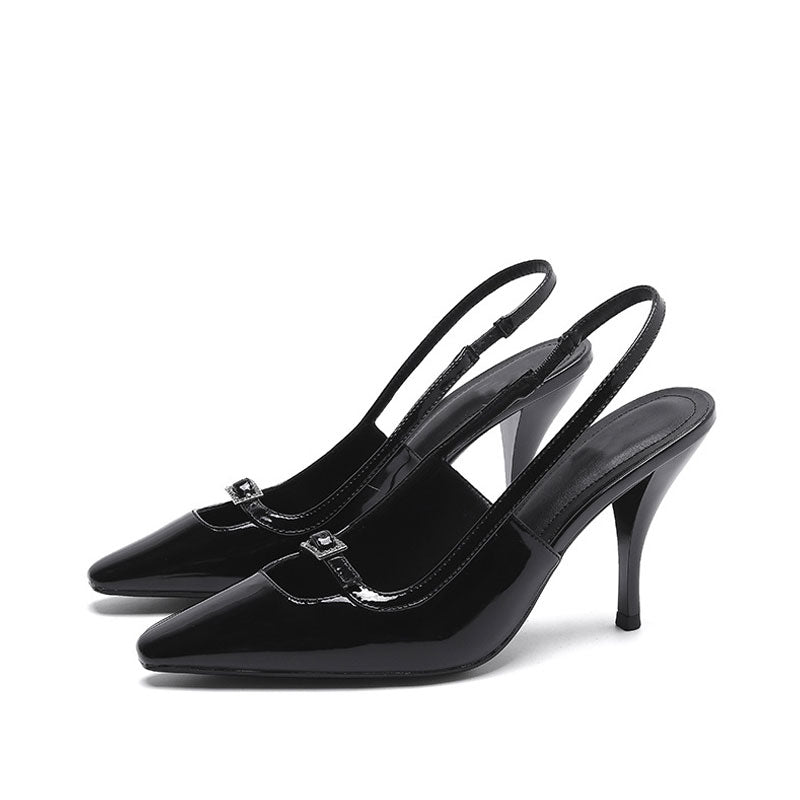 Retro Rhinestone Buckle Square Toe Stiletto Slingback Pumps - Black