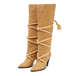 Retro Rope Strap Pointed Toe Cone Heel Suede Knee High Boots - Khaki