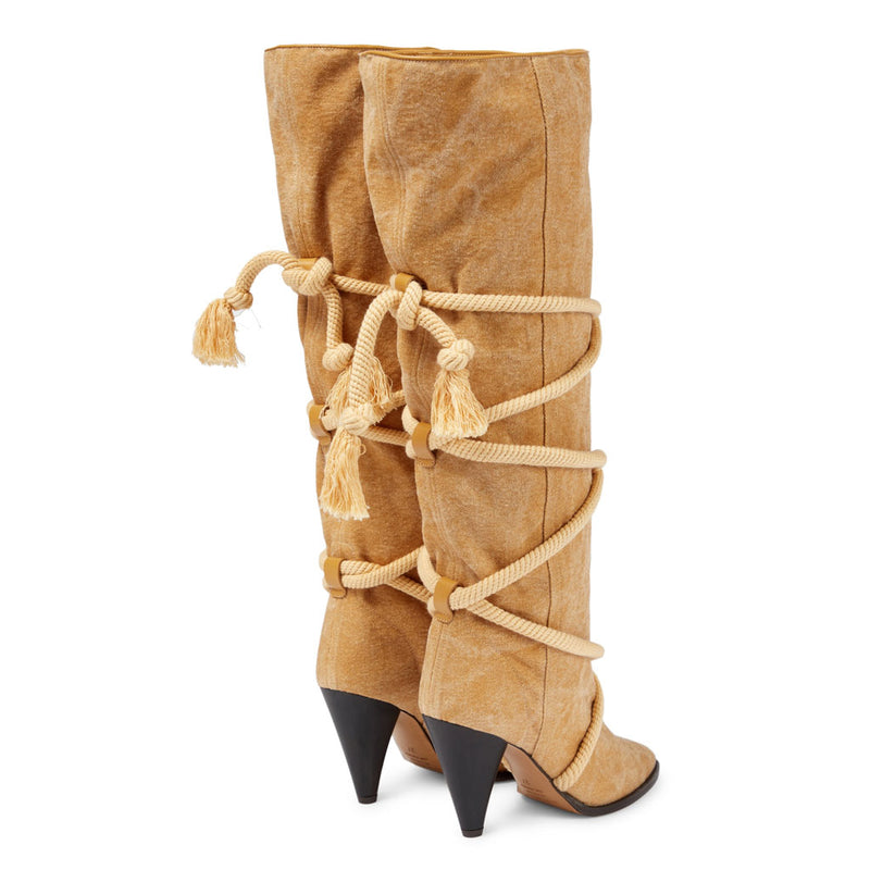 Retro Rope Strap Pointed Toe Cone Heel Suede Knee High Boots - Khaki