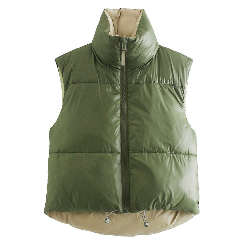 Reversible High Neck Zip Front Drawstring Edging Quilted Vest - Green