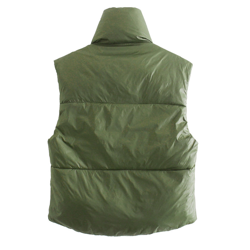 Reversible High Neck Zip Front Drawstring Edging Quilted Vest - Green