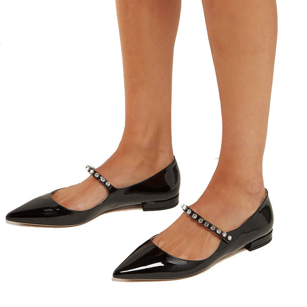 Rhinestone Detail Patent Leather Pointed Toe Mary Jane Flats - Black