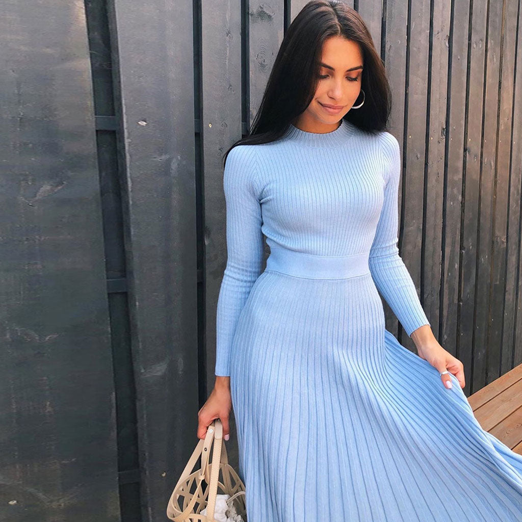Ribbed Long Sleeve High Neck Knit Pleated Midi Sweater Dress