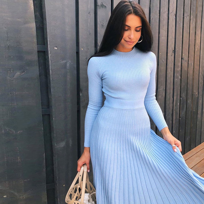 Ribbed Long Sleeve High Neck Knit Pleated Midi Sweater Dress - Blue