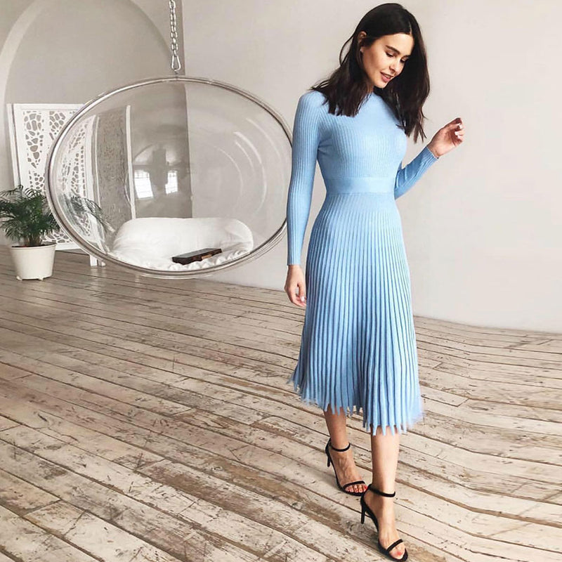 Ribbed Long Sleeve High Neck Knit Pleated Midi Sweater Dress - Blue