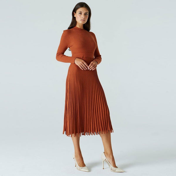 Ribbed Long Sleeve High Neck Knit Pleated Midi Sweater Dress - Burnt Orange