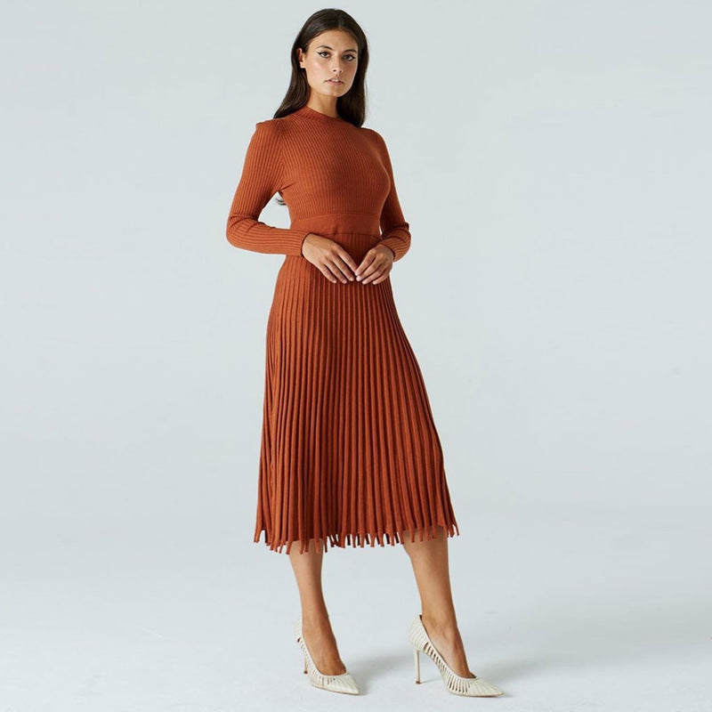 Ribbed Long Sleeve High Neck Knit Pleated Midi Sweater Dress - Burnt Orange