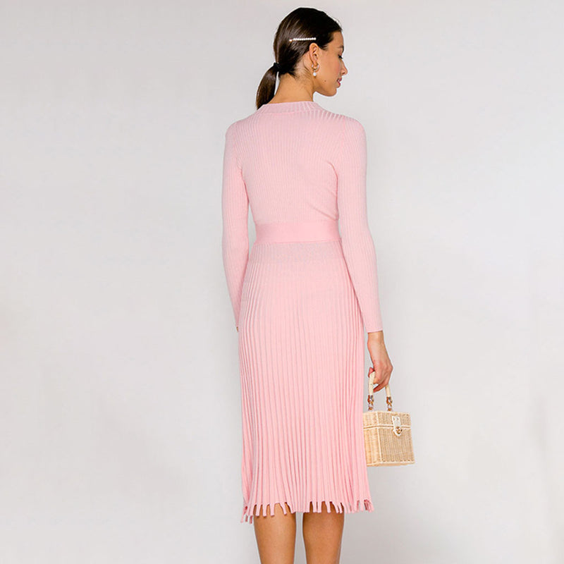Ribbed Long Sleeve High Neck Knit Pleated Midi Sweater Dress - Pink