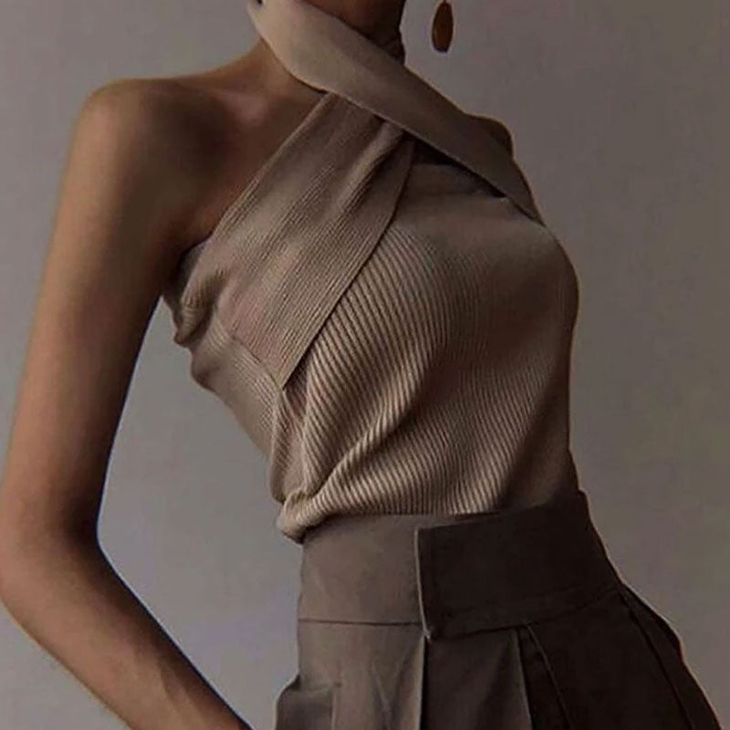 Ribbed Sleeveless Cross Halter Neck Knit Top - Apricot