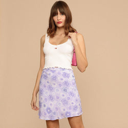 Romantic Floral Print Side Button High Waist Ruffle Mini Skirt - Purple