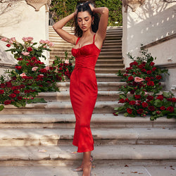 Romantic Ruched Tie Front Lace Up Square Neck Corset Satin Midi Dress - Red