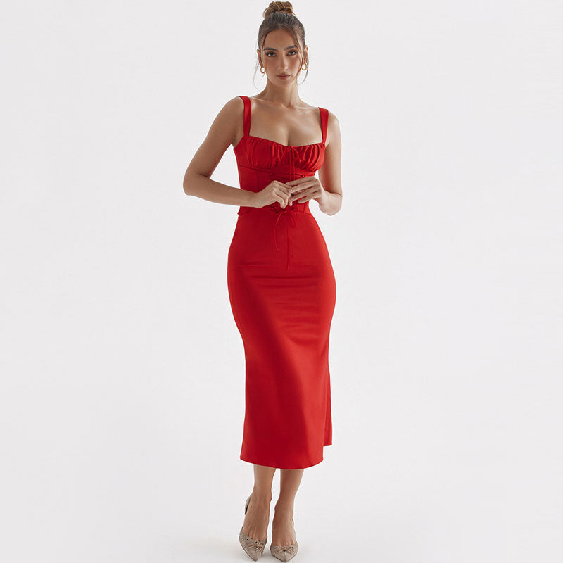 Romantic Ruched Tie Front Lace Up Square Neck Corset Satin Midi Dress - Red