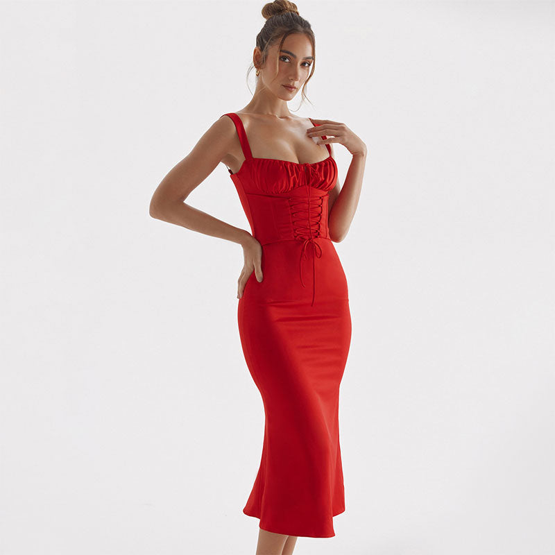 Romantic Ruched Tie Front Lace Up Square Neck Corset Satin Midi Dress - Red