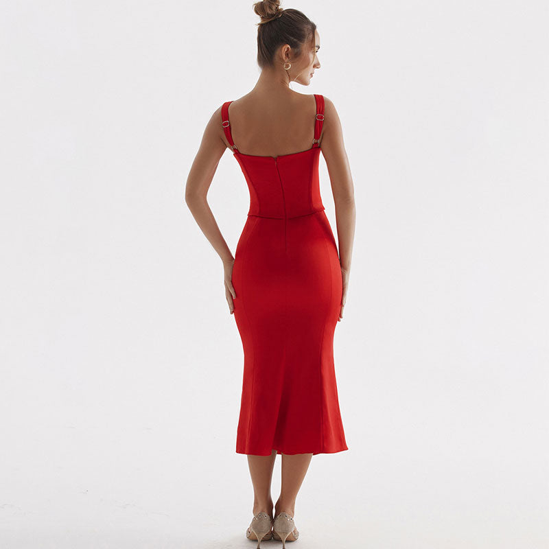 Romantic Ruched Tie Front Lace Up Square Neck Corset Satin Midi Dress - Red