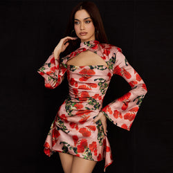 Rose Cutout High Neck Bell Sleeve Pleated Printed Mini Dress - Red