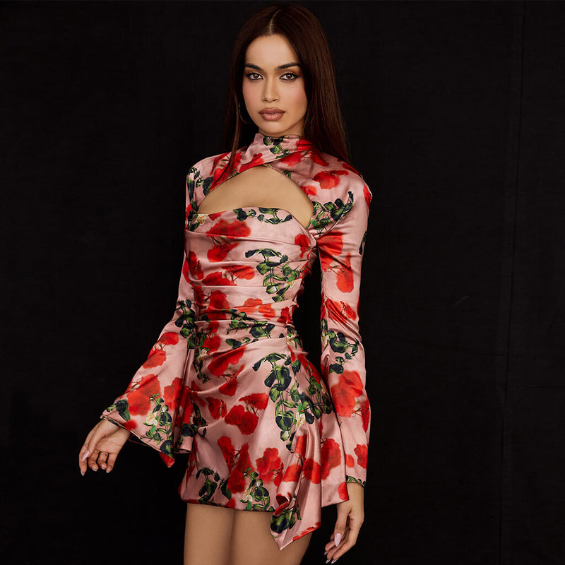 Rose Cutout High Neck Bell Sleeve Pleated Printed Mini Dress - Red