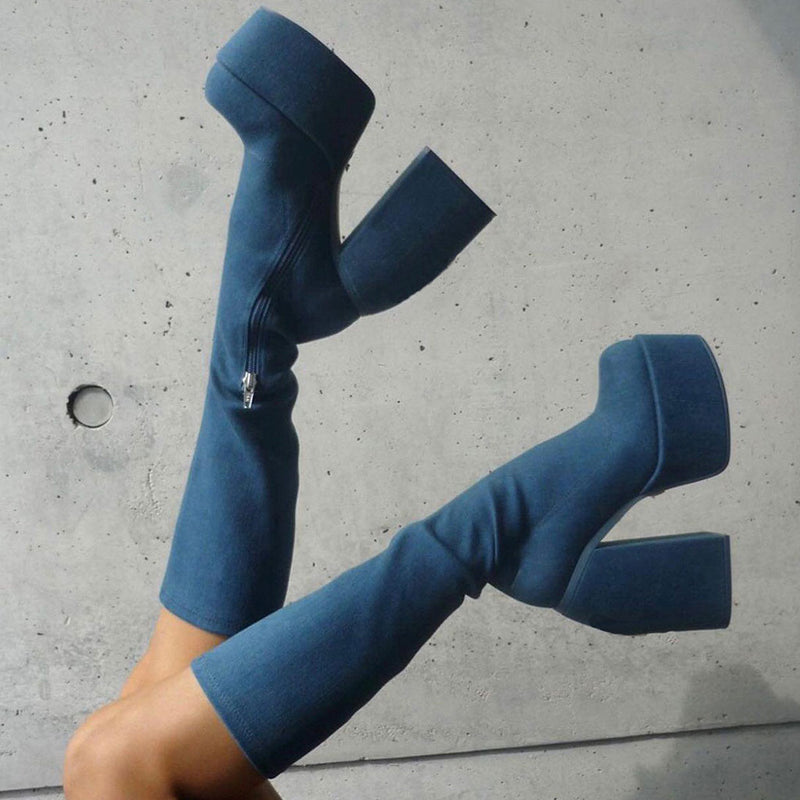Round Toe Knee High Platform Geometric Heeled Boots - Denim Blue