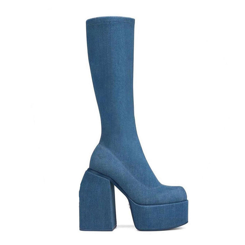 Round Toe Knee High Platform Geometric Heeled Boots - Denim Blue