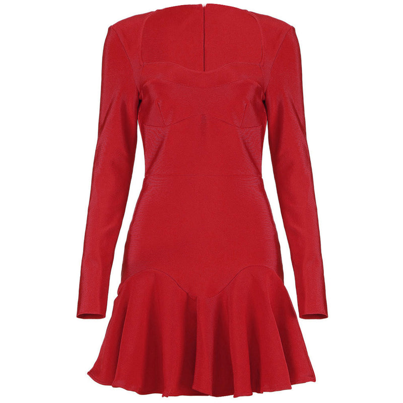 Ruffle Long Sleeve Sweetheart Neck Bandage Mini Dress - Red