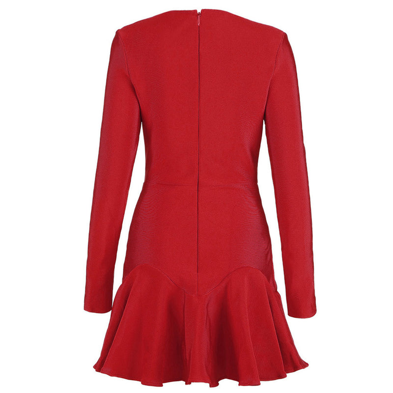 Ruffle Long Sleeve Sweetheart Neck Bandage Mini Dress - Red