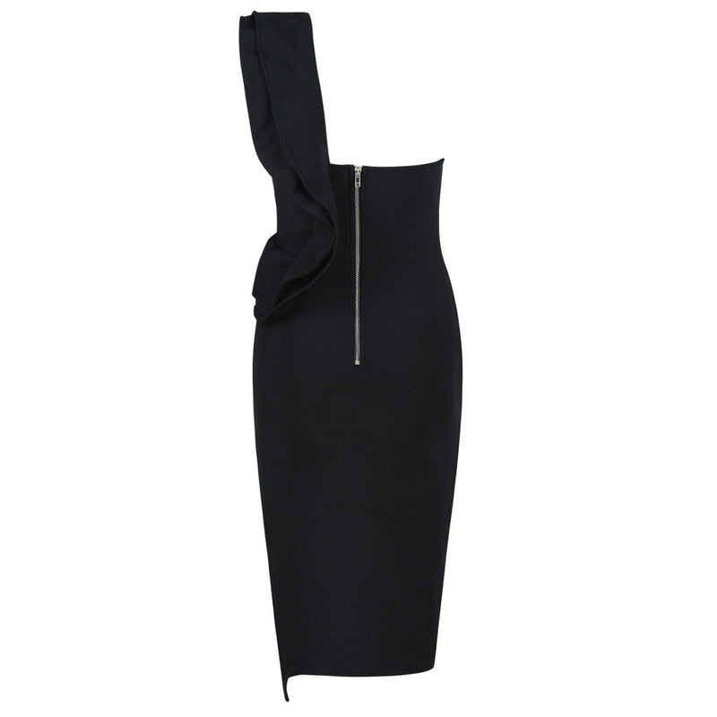Ruffle One Shoulder High Slit Deep V Midi Party Dress - Black