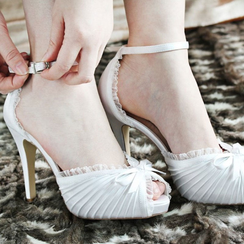 Ruffle Trim Bow Detail Pleated Satin Peep Toe Stiletto Sandals - White