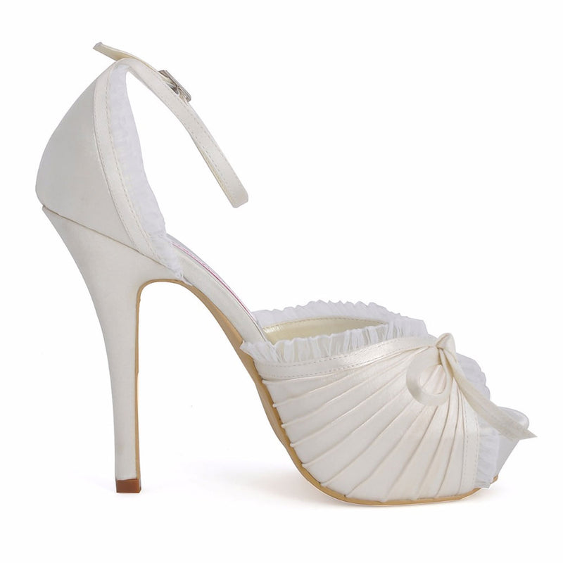 Ruffle Trim Bow Detail Pleated Satin Peep Toe Stiletto Sandals - White