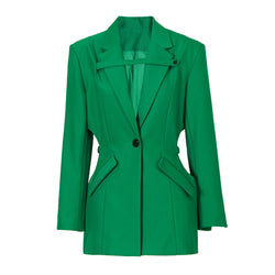 Sassy Banded Waist Cutout Lapel Collar Single Breasted Tailored Blazer