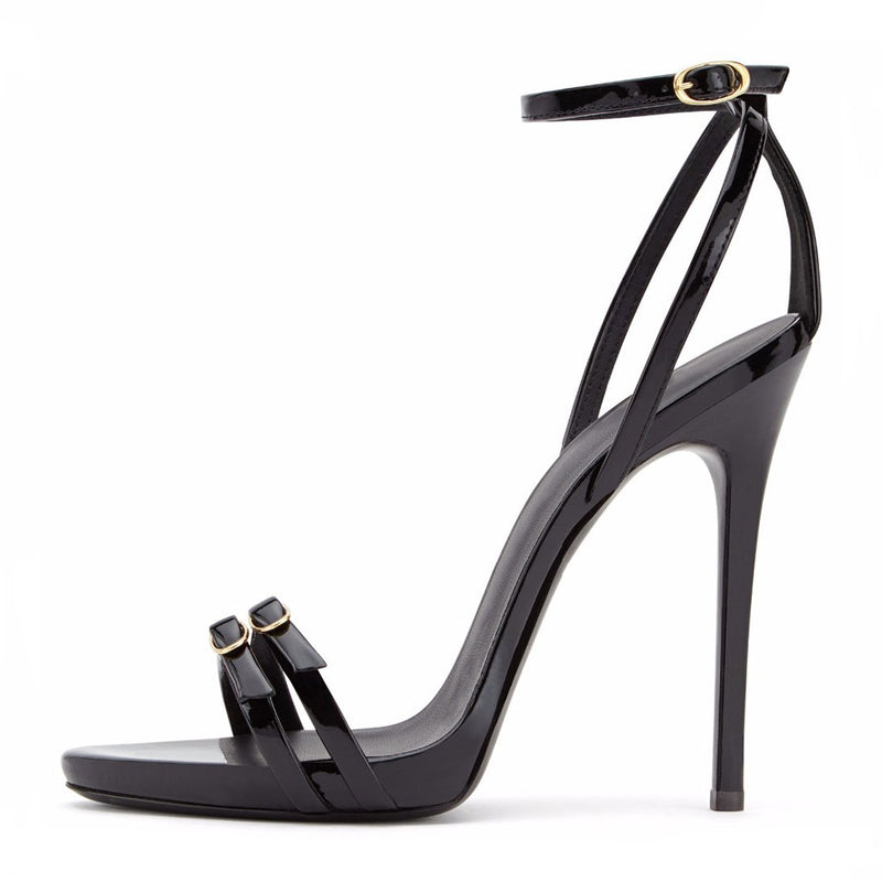 Sassy Buckle Detail Ankle Strap Patent Leather Stiletto Sandals - Black