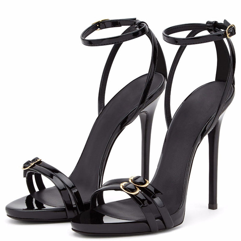 Sassy Buckle Detail Ankle Strap Patent Leather Stiletto Sandals - Black