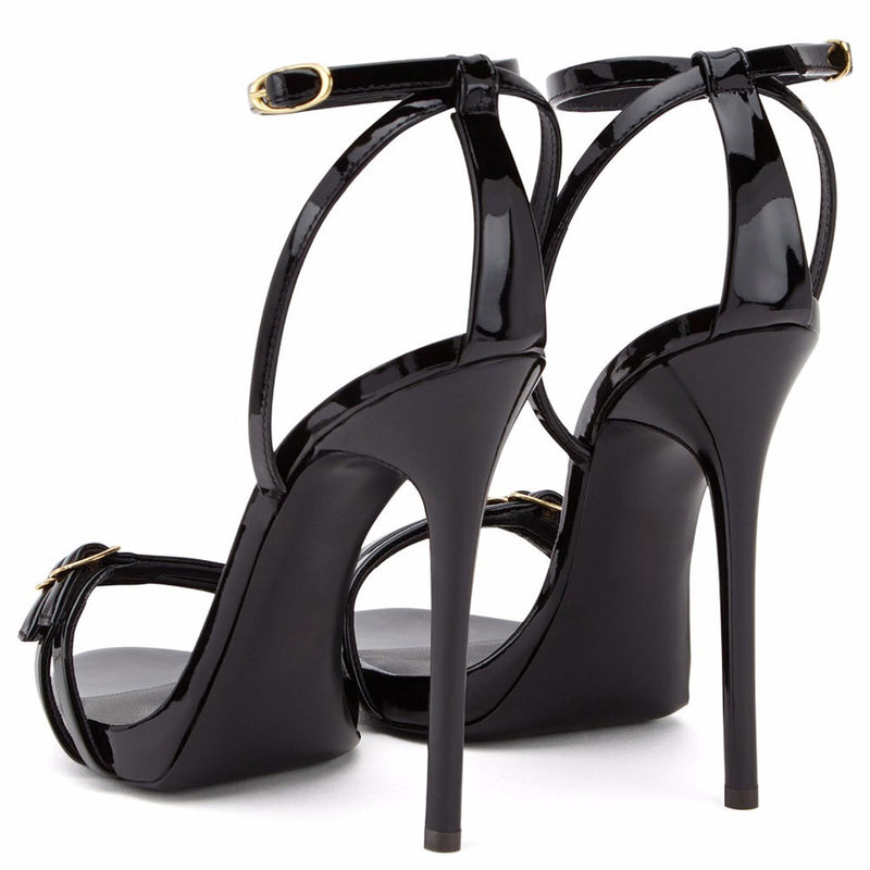 Sassy Buckle Detail Ankle Strap Patent Leather Stiletto Sandals - Black