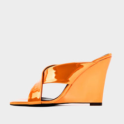 Sassy Cross Strap Patent Leather Square Toe Wedge Mules - Orange