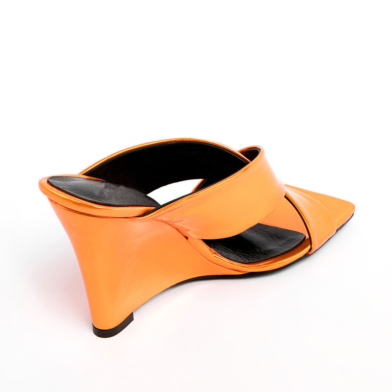 Sassy Cross Strap Patent Leather Square Toe Wedge Mules - Orange