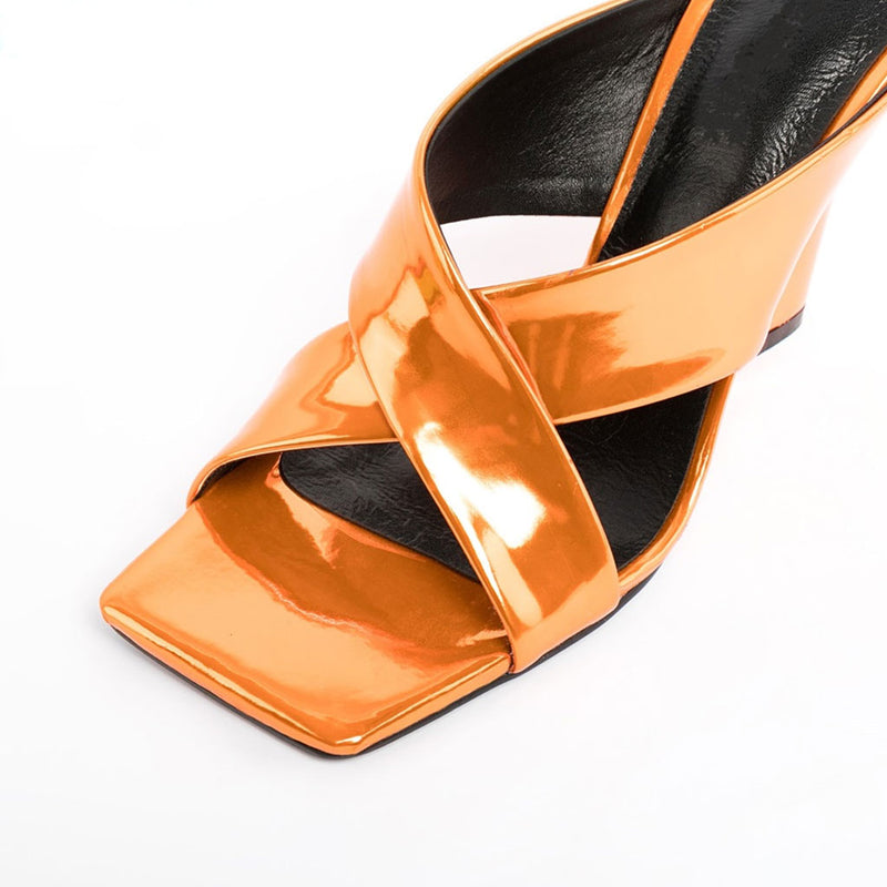 Sassy Cross Strap Patent Leather Square Toe Wedge Mules - Orange