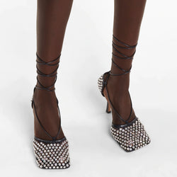 Sassy Crystal Mesh Net Square Toe Ankle Tie Stiletto Pumps - Black