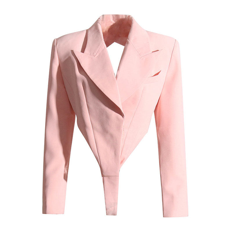 Sassy Cutout Peak Lapel Shoulder Pad Long Sleeve Blazer Bodysuit - Pink