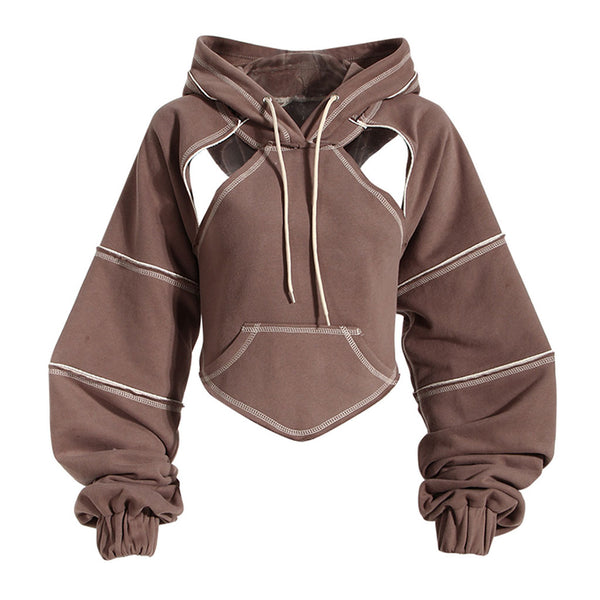 Sassy Cutout Tie Back Contrast Stitch Drawstring Hooded Crop Sweatshirt