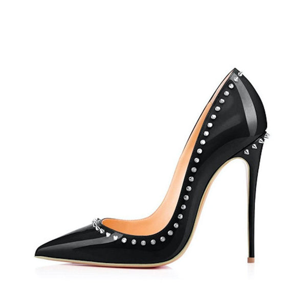 Sassy Patent Leather Pointed Toe Studded Stiletto Pumps - Black