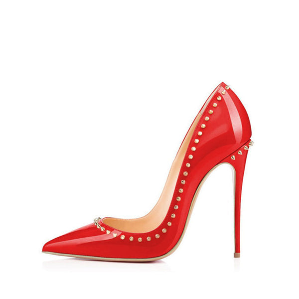 Sassy Patent Leather Pointed Toe Studded Stiletto Pumps - Red