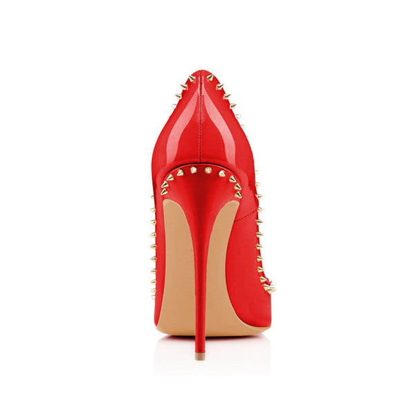 Sassy Patent Leather Pointed Toe Studded Stiletto Pumps - Red