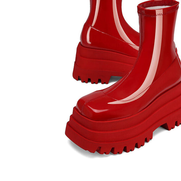 Sassy Patent Leather Square Toe Platform Sock Boots - Red